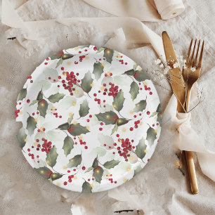 Assiettes En Carton Joyeux Noël Baies de houx rouge Lumières dorées