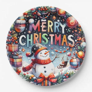 Assiettes En Carton Joyeux Noël Bonhomme de neige 