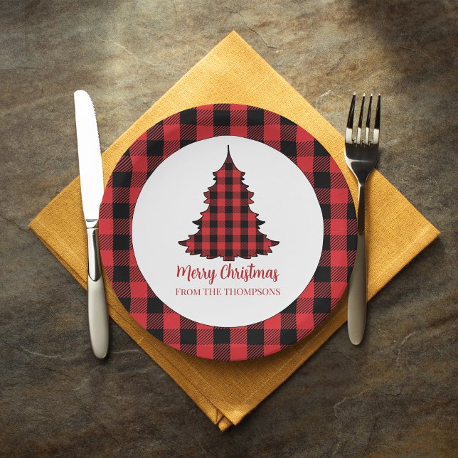 Assiettes En Carton Joyeux Noël Buffalo Check Motif (Simple rustic red and black buffalo check pattern Christmas paper plate. )