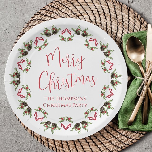Assiettes En Carton Joyeux Noël Calligraphie Script Wreath moderne (Merry Christmas cute calligraphy red script with stylish mandala style.)