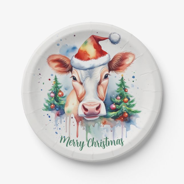 Assiettes En Carton Joyeux Noël Casquette vache festive - (Devant)