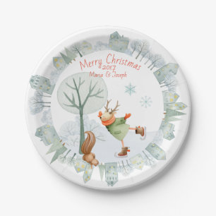 Assiettes En Carton Joyeux Noël Cerf de patinage sur glace en hiver