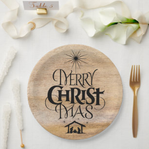 Assiettes En Carton Joyeux Noël Christian Calligraphie Bois rustique