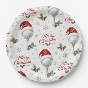 Assiettes En Carton Joyeux Noël de golf avec le chapeau de Père Noël