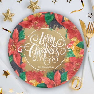 Assiettes En Carton Joyeux Noël d'or sur Poinsettias