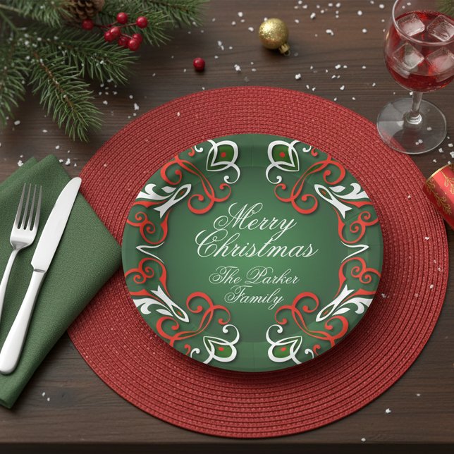 Assiettes En Carton Joyeux Noël Elégant Baroque Rouge Vert & Blanc (Créateur téléchargé)