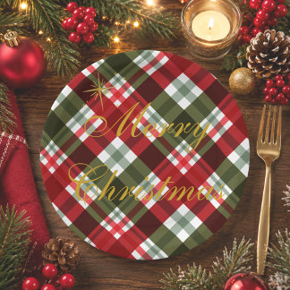 Assiettes En Carton Joyeux Noël élégant carreaux tartan rouge et vert
