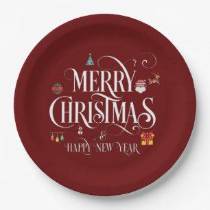 Assiettes En Carton Joyeux Noël Et Bonne Année rouge