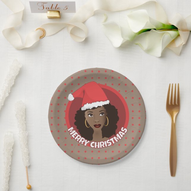 Assiettes En Carton Joyeux Noël, Femme noire Santa Hat (Mariage)