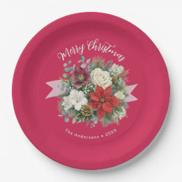 Assiettes En Carton Joyeux Noël Floral Élégant Personnalisé Fêtes