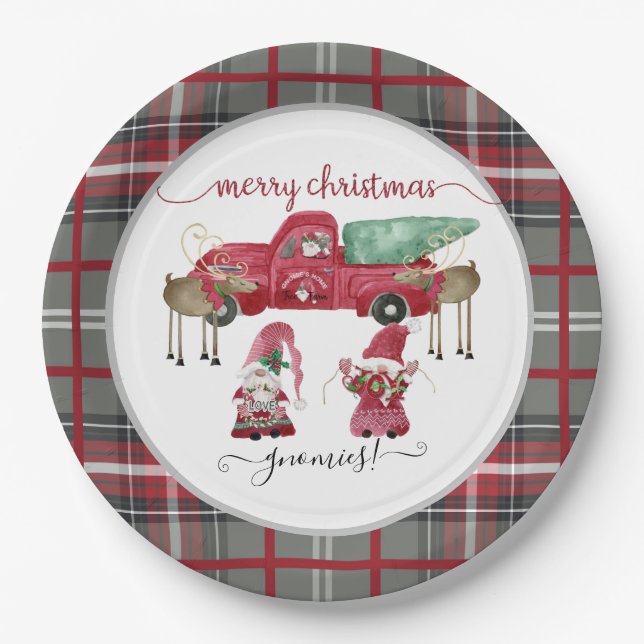 Assiettes En Carton Joyeux Noël Gnome Rouge Aquarelle Plaid (Devant)