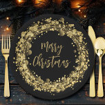 Assiettes En Carton Joyeux Noël Gold Stars<br><div class="desc">Les plaques en papier de la fête de vacances sont ornées d'étoiles dorées scintillantes,  de cercles et de points entourant les mots "Joyeux Noël" sur un arrière - plan noir. CORRESPONDANCE d'objets dans notre collection.</div>