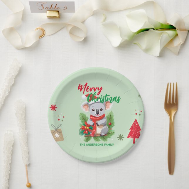 Assiettes En Carton Joyeux Noël Koala Père Noël rouge et vert Sc (Mariage)