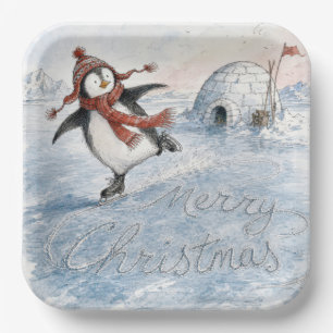 Assiettes En Carton Joyeux Noël Manchot sur Patins à Glace