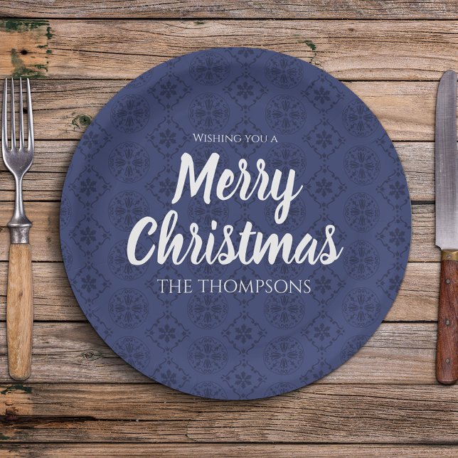 Assiettes En Carton Joyeux Noël Marine Bleu Simple Snowflake Motif (Merry Christmas whimsical calligraphy script Navy Blue paper plate. )