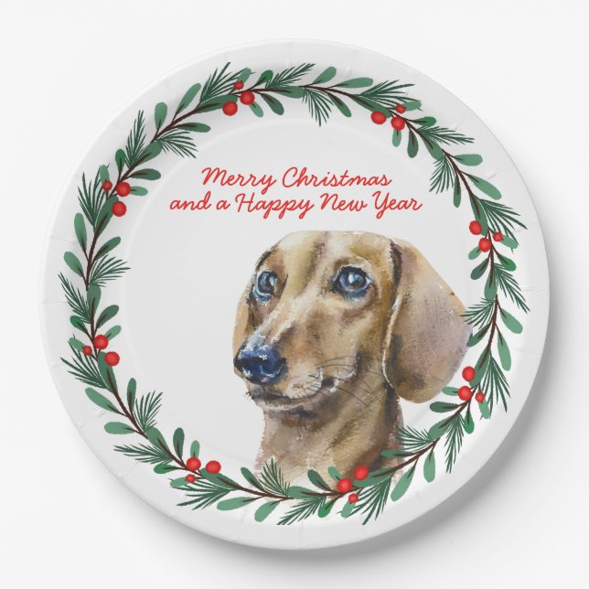 Assiettes En Carton Joyeux Noël mignon Dachshund Chien Vacances Wreath (Devant)