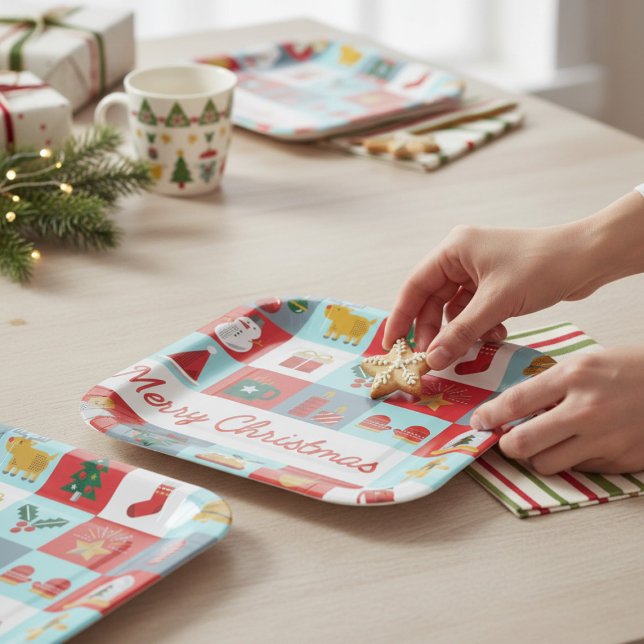 Assiettes En Carton Joyeux Noël mignon Rétro hiver Icônes de Noël (Créateur téléchargé)