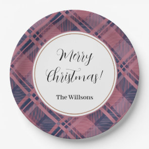 Assiettes En Carton Joyeux Noël motif tartan Lady écossaise rose
