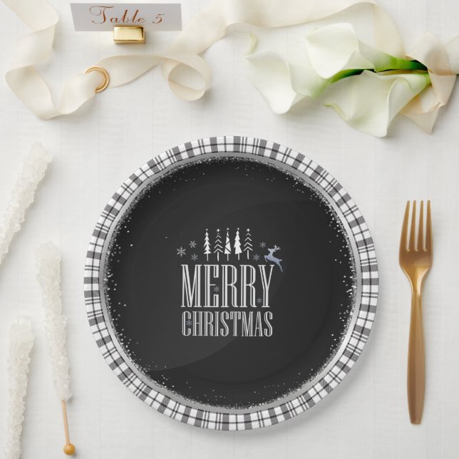 Assiettes En Carton Joyeux Noël Noir Blanc Plaid Élégant (Mariage)