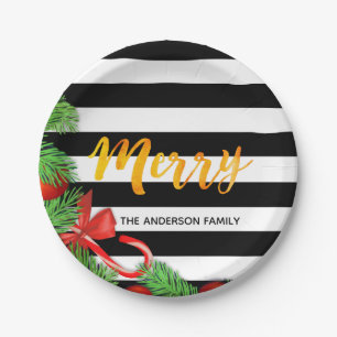 Assiettes En Carton Joyeux Noël noir rayé rouge pin