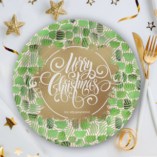 Assiettes En Carton Joyeux Noël or moderne sur vert