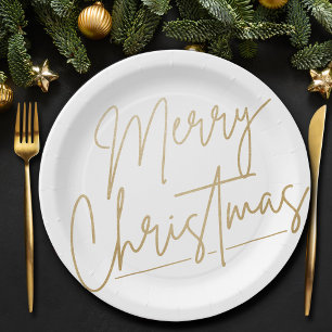 Assiettes En Carton Joyeux Noël or sur blanc