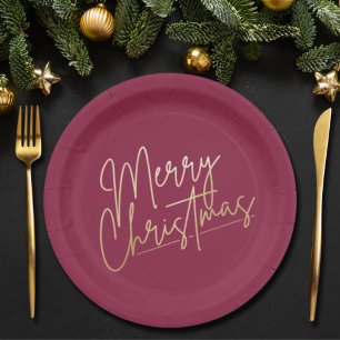 Assiettes En Carton Joyeux Noël or sur Cranberry