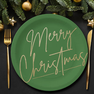 Assiettes En Carton Joyeux Noël or sur vert