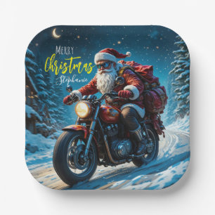 Assiettes En Carton Joyeux Noël Père Noël à moto