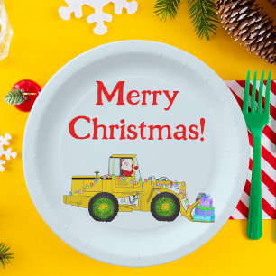 Assiettes En Carton Joyeux Noël Père Noël En Bulldozer Livrant Cadeau