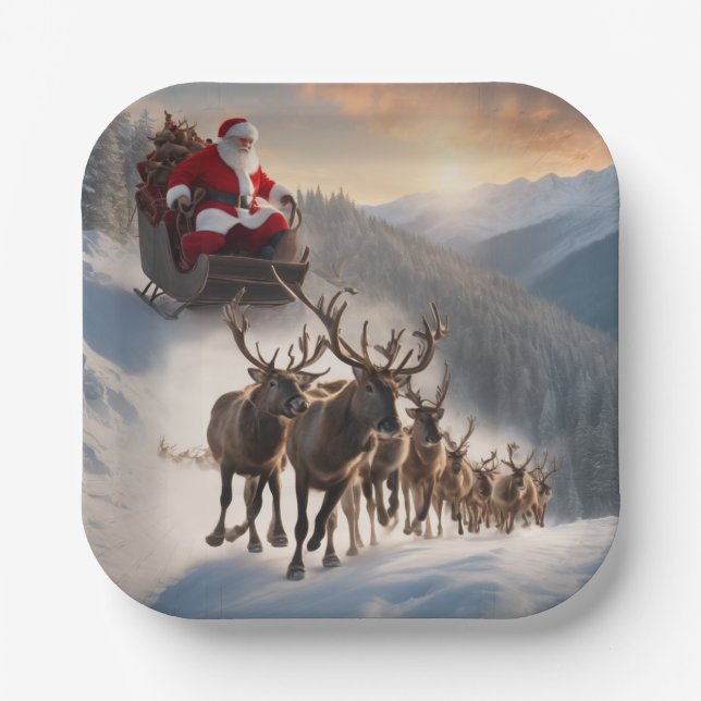 Assiettes En Carton Joyeux Noël Père Noël et Reindeer (Recto)