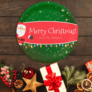Assiettes En Carton Joyeux Noël Père Noël Nom de famille Rouge et Vert