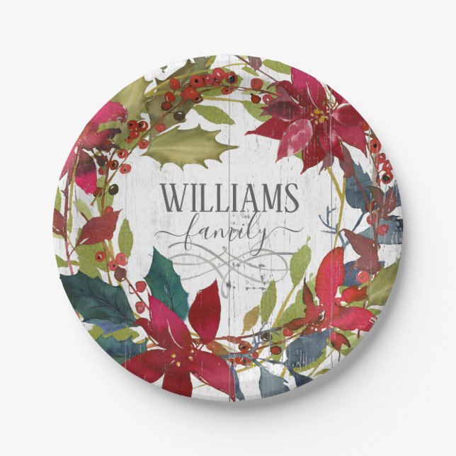 Assiettes En Carton Joyeux Noël Poinsettia Aquarelle Nom floral (Devant)