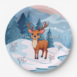 Assiettes En Carton Joyeux Noël Renne de dessin animé mignon en hiver