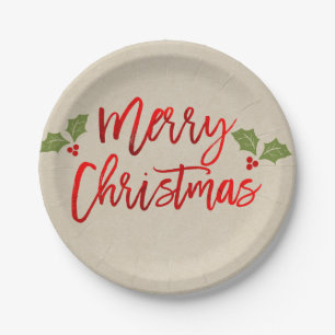 Assiettes En Carton Joyeux Noël Rouge Faux Feuille Moderne Écriture Kr