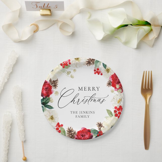 Assiettes En Carton Joyeux Noël Rouge Floral Personnalisé (Mariage)