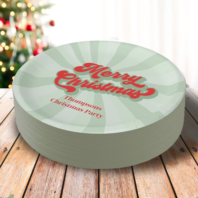 Assiettes En Carton Joyeux Noël Rouge Vert Whimsical Typographie (Merry Christmas cute retro style calligraphy script paper plate.)