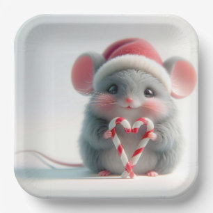 Assiettes En Carton Joyeux Noël Souris Avec Cœur de Canne à Sucre