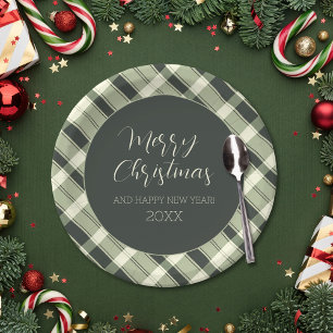Assiettes En Carton Joyeux Noël Vert Olive Carreaux Script Rustique