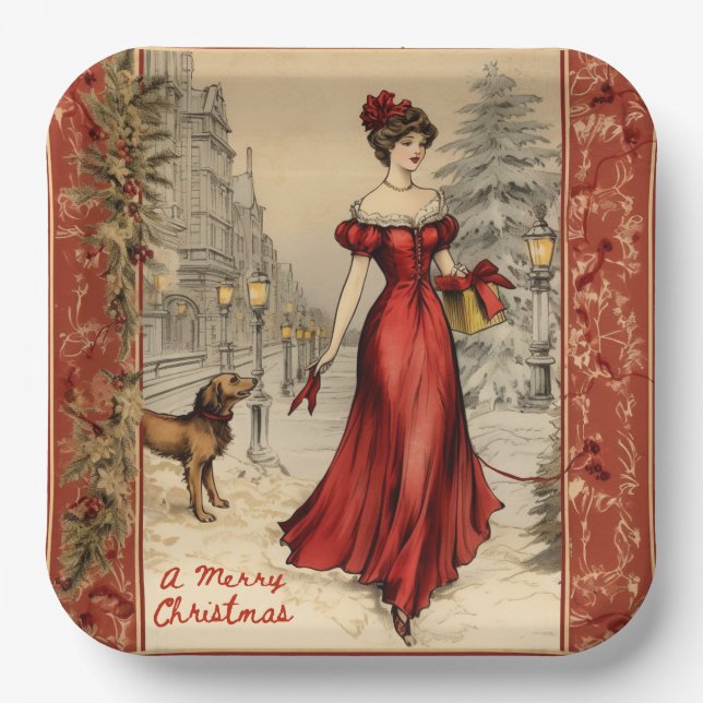 Assiettes En Carton Joyeux Noël Victorian Lady Illustration (Recto)