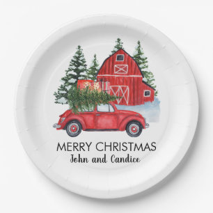 Assiettes En Carton Joyeux Noël Voiture Rouge Vintage Grange Arbres No