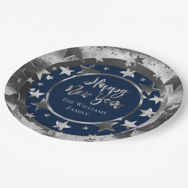 Assiettes En Carton Joyeux Nouvel An Chic Blue Silver Gris Stars Motif (Angle)