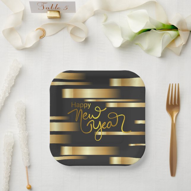 Assiettes En Carton Joyeux Nouvel An Gold Striped (Mariage)