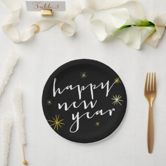 Assiettes En Carton Joyeux Nouvel An Script moderne Chic Gold Starburs