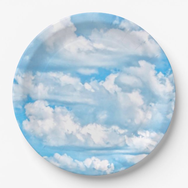 Assiettes En Carton Joyeux nuages ensoleillés Arrière - plan bleu (Devant)
