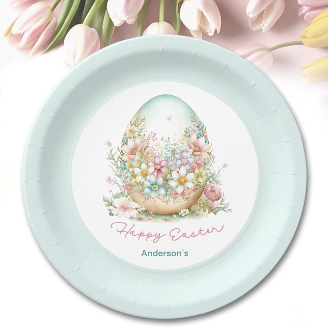 Assiettes En Carton Joyeux Oeuf Floral de Pâques bleu Nom personnalisé (Happy Easter Floral Egg Blue Personalized Name Paper Plates)