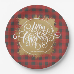 Assiettes En Carton Joyeux or Buffle de Noël Plaid