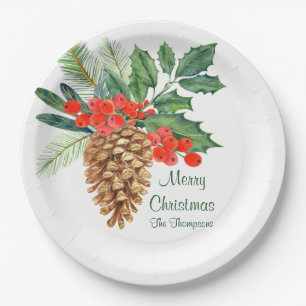 Assiettes En Carton Joyeux pin de Noël Holly Aquarelle Nom floral