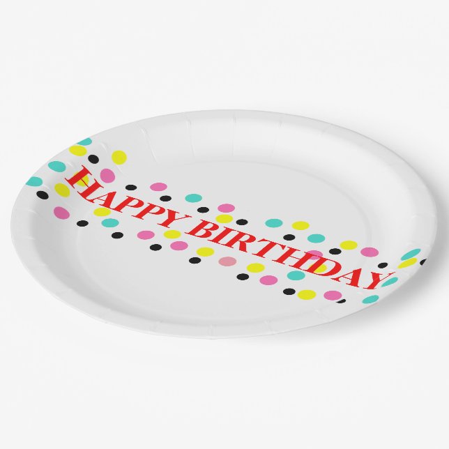 Assiettes En Carton Joyeux Pois d'anniversaire (Angle)