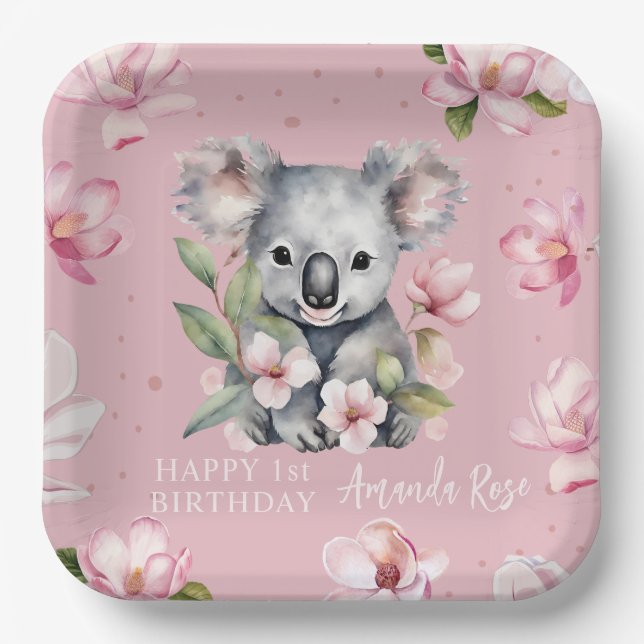 Assiettes En Carton Joyeux premier anniversaire aquarelle Koala (Recto)